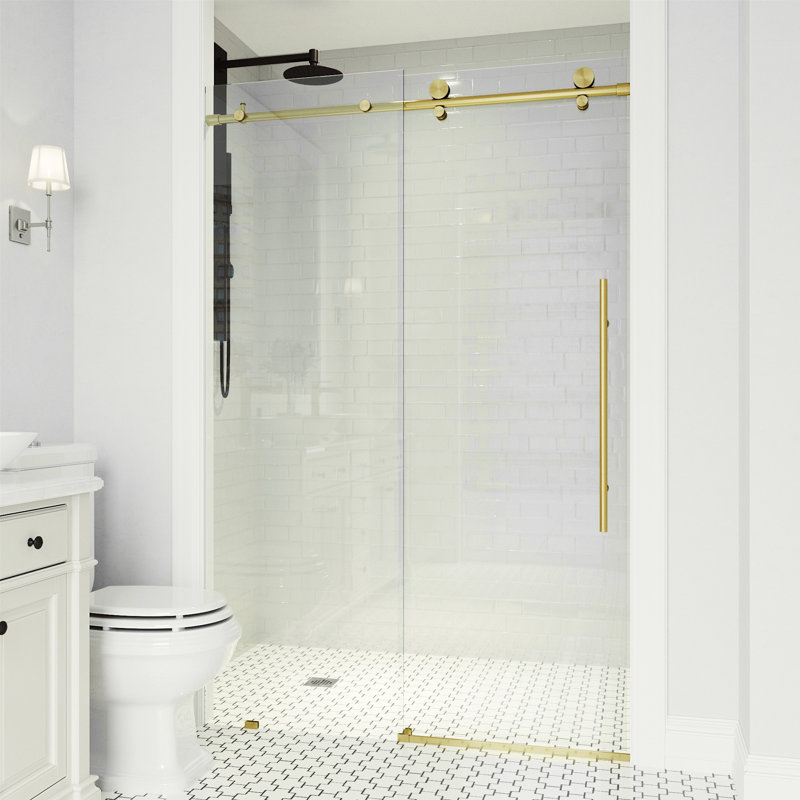 Elan E-Class 56-60" W x 76" H Sliding Frameless Shower Door with 3/8" Clear Glass, Matte Brushed Gold