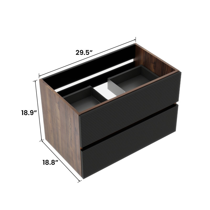 Meuble-lavabo flottant moderne de 30 pi avec deux tiroirs noirs, panneaux de qualité E1, charnières silencieuses, poignée dissimulée pour meuble-lavabo mural, épissure couleur noyer, finition laquée E0, rembourrage, 50000