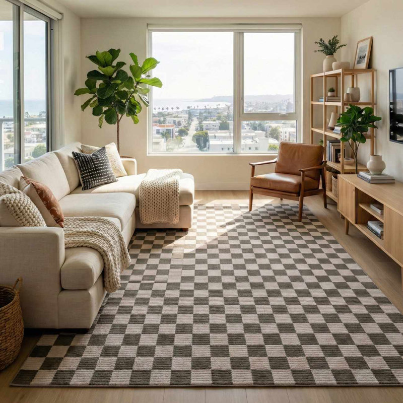 Chuby Checkered Machine Washable Cream / Off White / Brown Area Rug, Rectangle 5' x 7', Brown