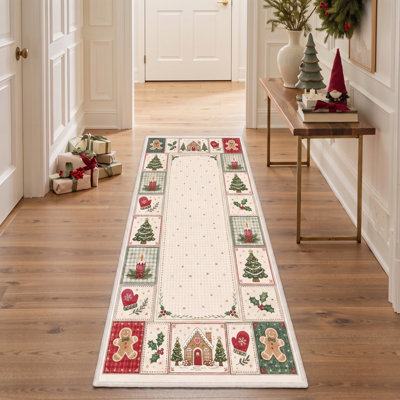 Tapis de Noël en patchwork ivoire/vert à poils ras, lavable, motif biscuits en pain d'épice et sapin, pour chambre à coucher