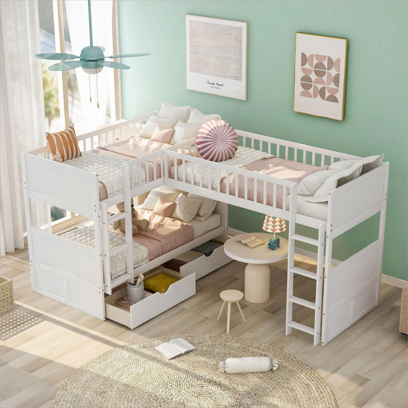 Structure de lit en bois massif pour 3 personnes, lit superposé simple avec lit mezzanine et tiroirs de rangement, pin blanc