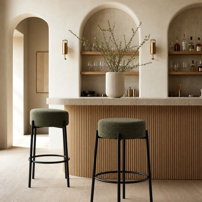 Tabouret de bar Zenni sans dossier, rembourré, en métal, hauteur comptoir ou dossier - Lot de 2, Avocado
