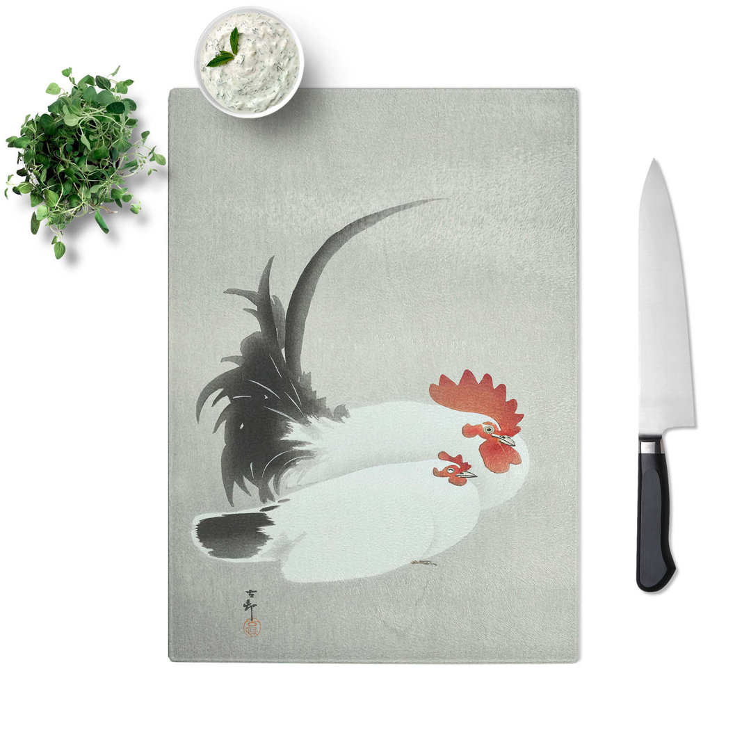 Tempered Glass White Rooster & Hen by Ohara Koson Cutting Board
