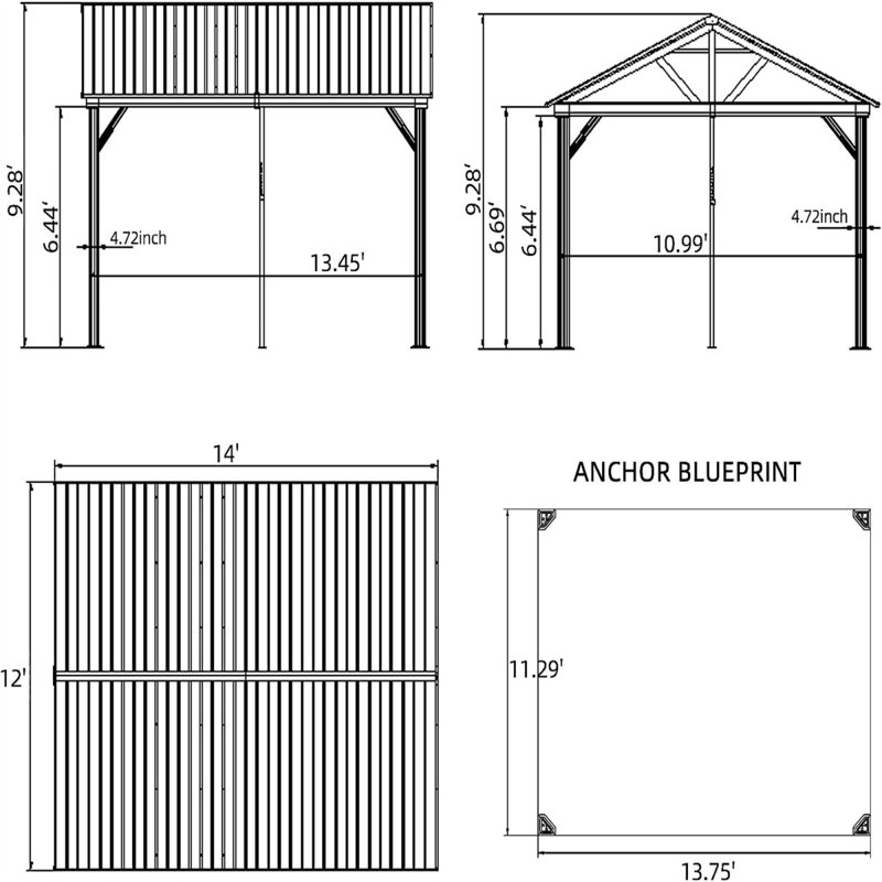 Extérieur 14 pi. L 11 pi. D Pavillon de jardin en métal