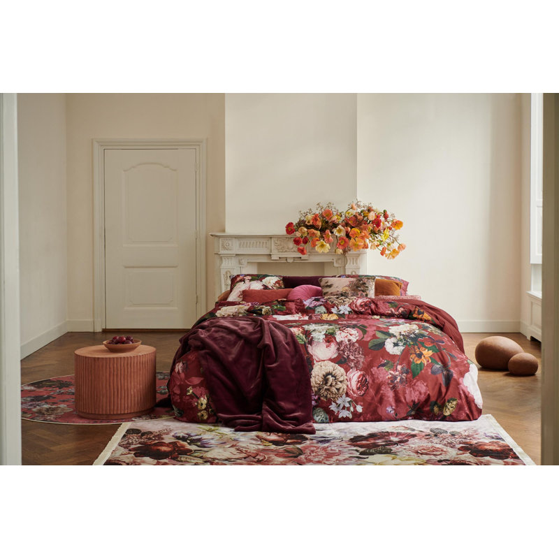 Cotton Floral Duvet Cover with Pillowcases, Red