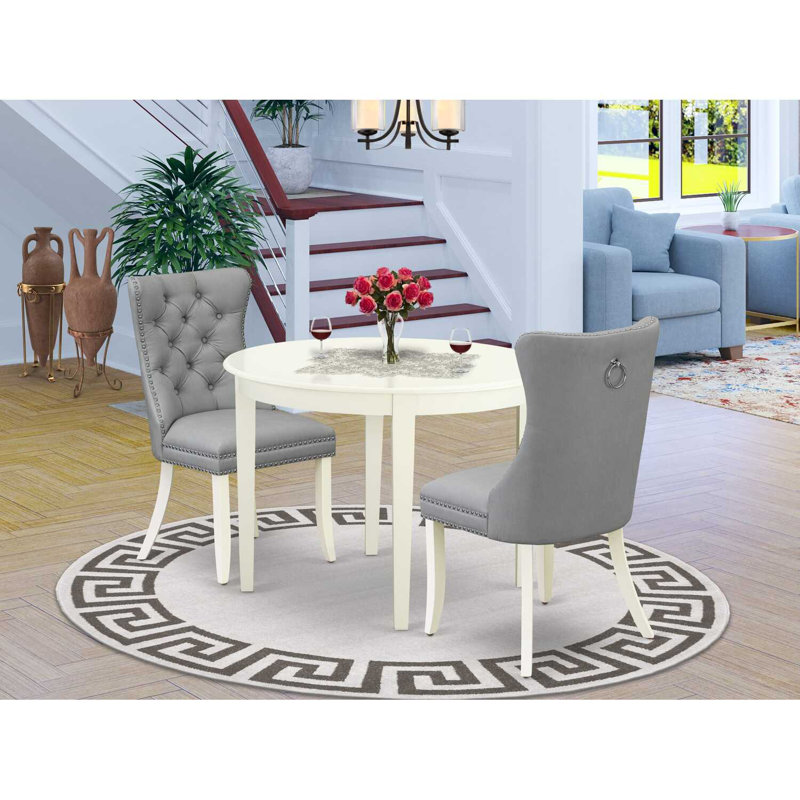 3-Piece Linen White Finish Round Solid Wood Top Dining Table Set, Light Gray