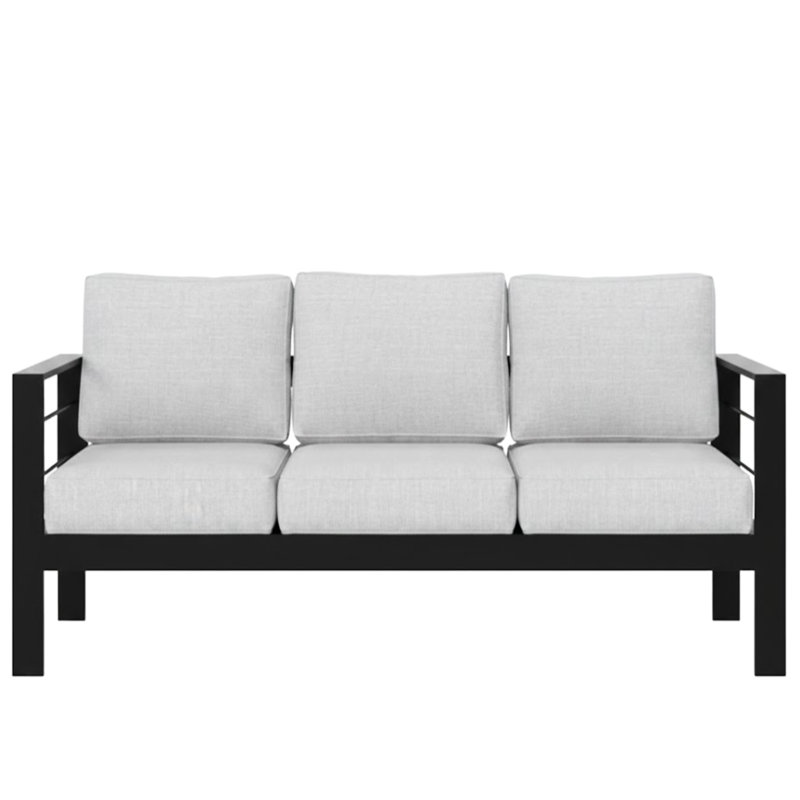 Canapé d'extérieur 3 places tout temps de 185 cm (73 po) avec structure noire et coussins gris épais, utilisable en toutes saisons, supporte jusqu'à 408 kg (900 lb), housses amovibles et lavables