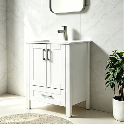 24'' Modern White Free standing Single Bathroom Vanity With Ceramic Top