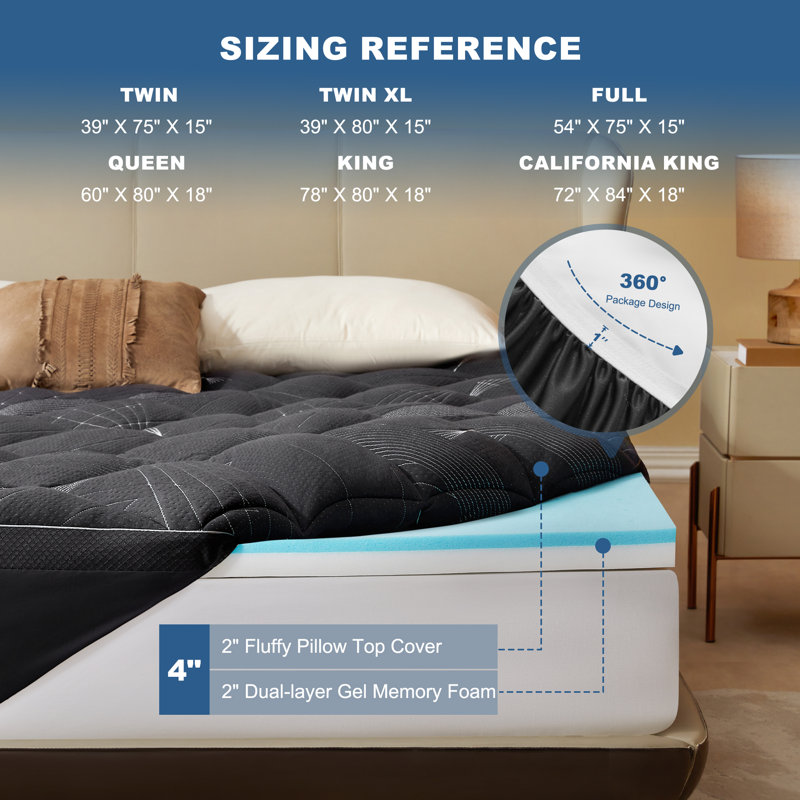 BEDLORE® Dual Layer 4" Memory Foam Mattress Topper with Rayon Bamboo Cover, 2" Memory Foam & 2" Plush Breathable Bamboo Pillow Top with 6-18" Deep Pocket, for Back Pain Relief