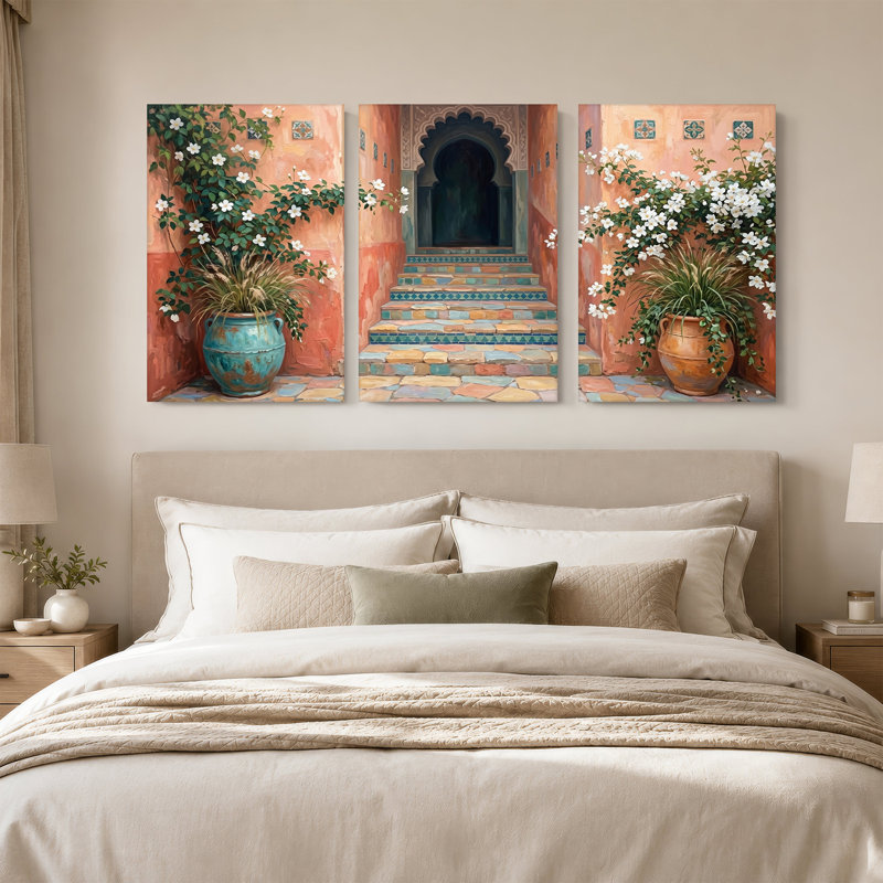 Ensemble de 3 toiles en terre cuite avec un escalier en jasmin blanc et carrelage, 36"H x 24"W x 3pcs
