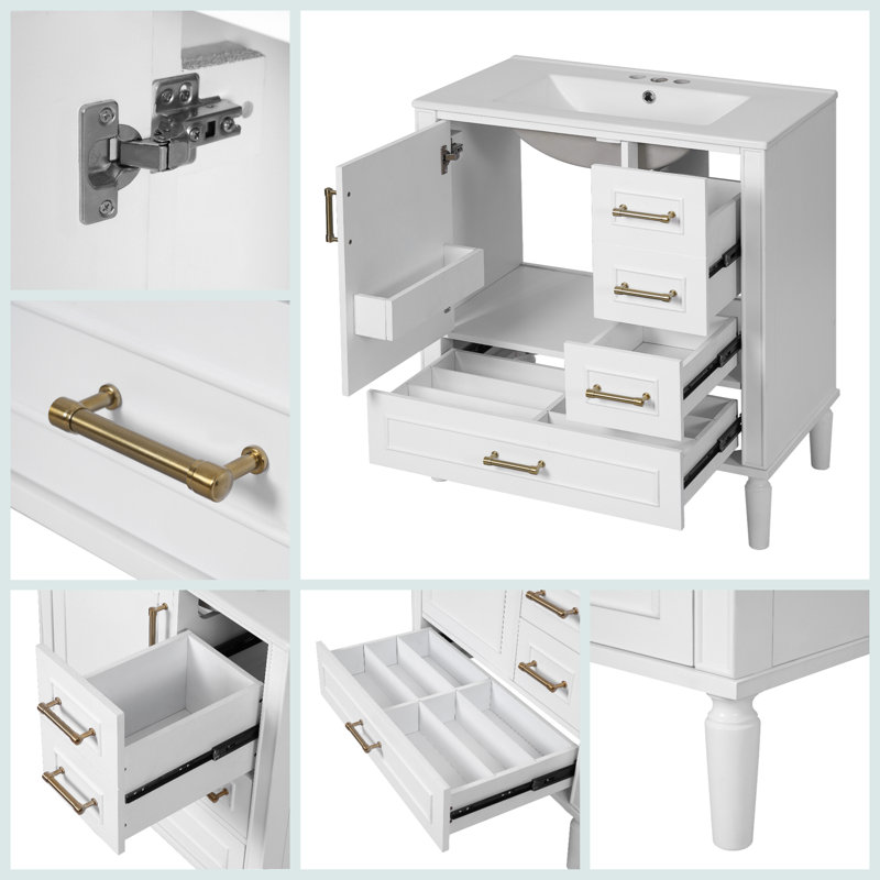30-Inch Ceramic Bathroom Vanity, Soft-Close Door and 3 Drawers, Overflow Drain Design, Floor Standing, For Small Space, White