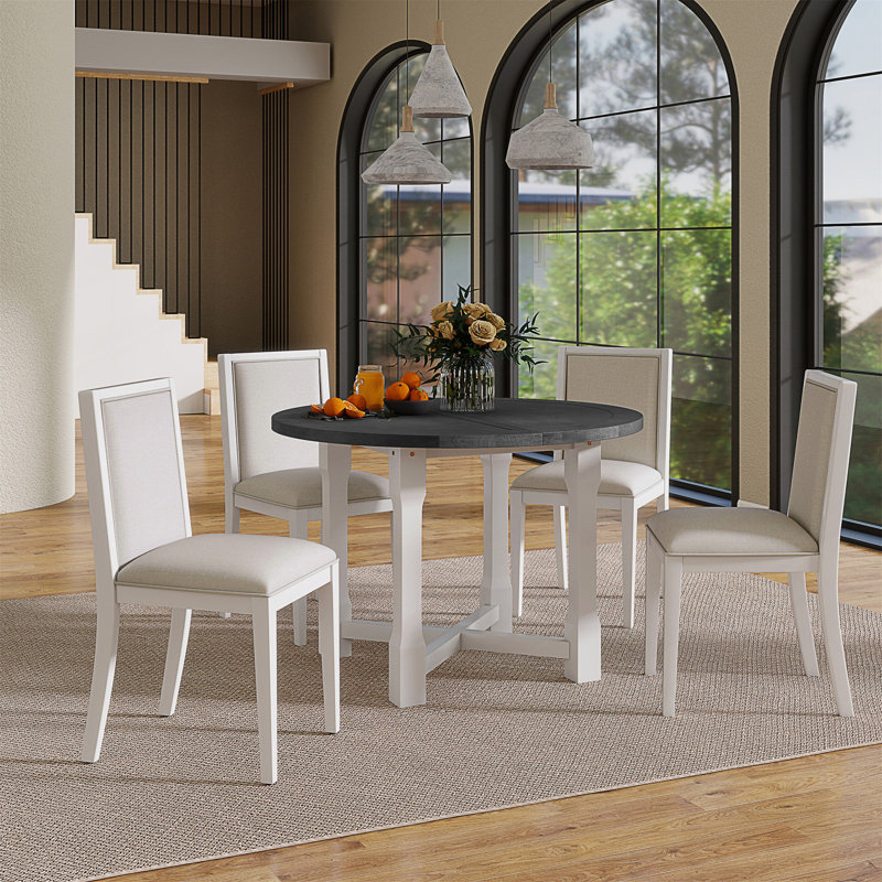 Ensemble de table de salle à manger extensible 5 pièces pour 4 personnes avec chaises rembourrées et rallonge amovible pour un repas polyvalent.
