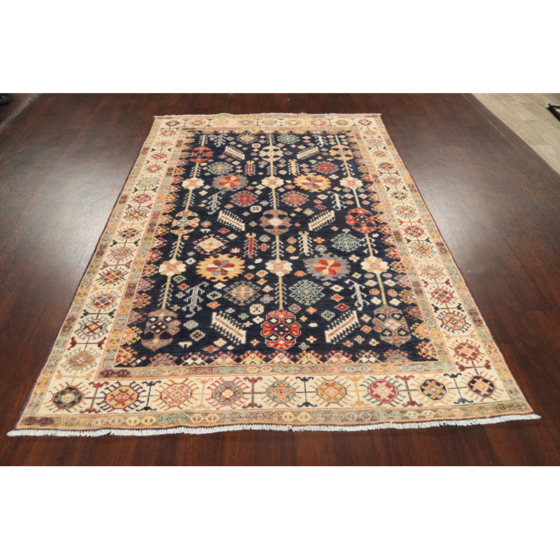 Tapis bleu marine noué à la main de conception unique 5 pi 6 po x 8 pi 2 po