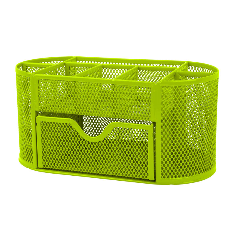 Green Metal Mesh Desk Organizer with 9 Compartments and Sliding Drawer, Green