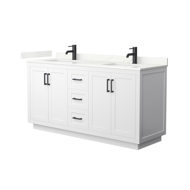 Miranda 66" Freestanding Double Bathroom Vanity with Quartz Top, Giotto Quartz, White, Matte Black