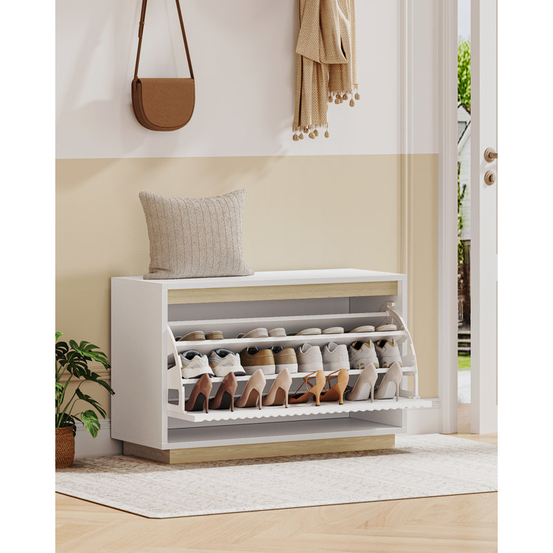 Shoe Storage Bench, 3 Tier Shoe Rack Bench with Flip Drawer, Shoes Cabinet for 12 Pairs, Adjustable Shelves, Shoes Cabinet Storage for Hallway, Living Room, Bedroom, White 