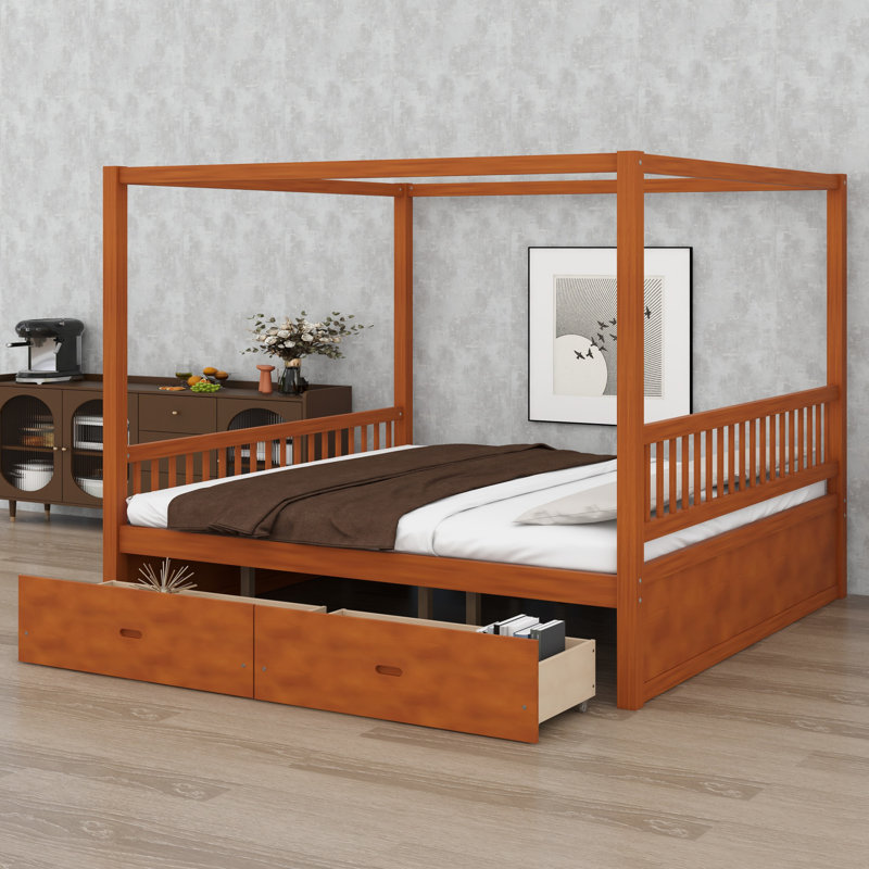 Lit à baldaquin traditionnel en bois avec tiroirs de rangement pratiques, Très grand lit, Noyer