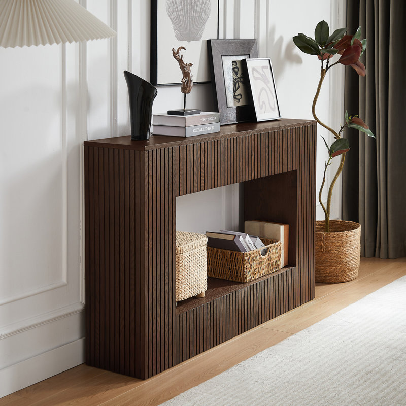 55" Modern Slatted Console Table, Narrow Entryway Table For Living Room Or Hallway, Walnut