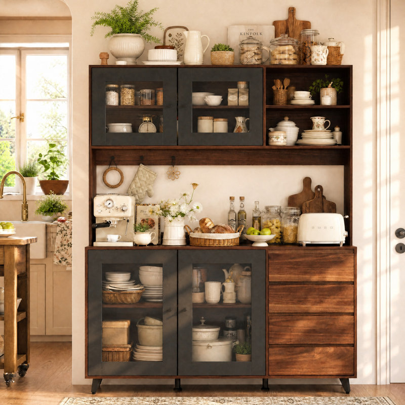 Armoire de cuisine avec portes en verre trempé, rangement pour bar à café, tablettes réglables et armoire pour l'organisation de la cuisine