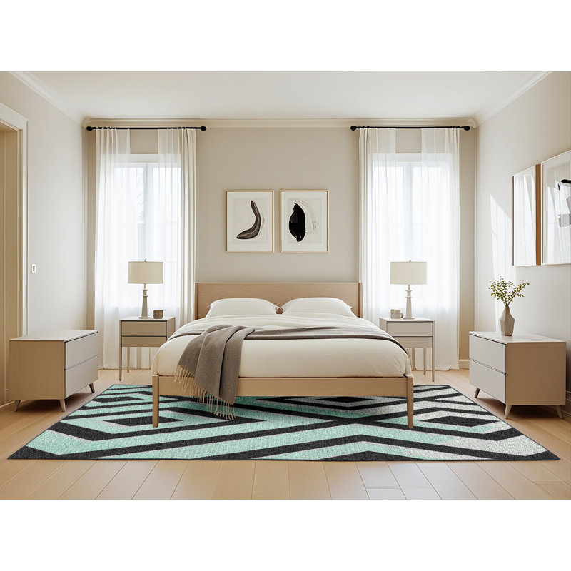 Laine tissée à la machine abstraite et polyester noir/blanc Tapis décoratif, Rectangle 5 pi x 8 pi