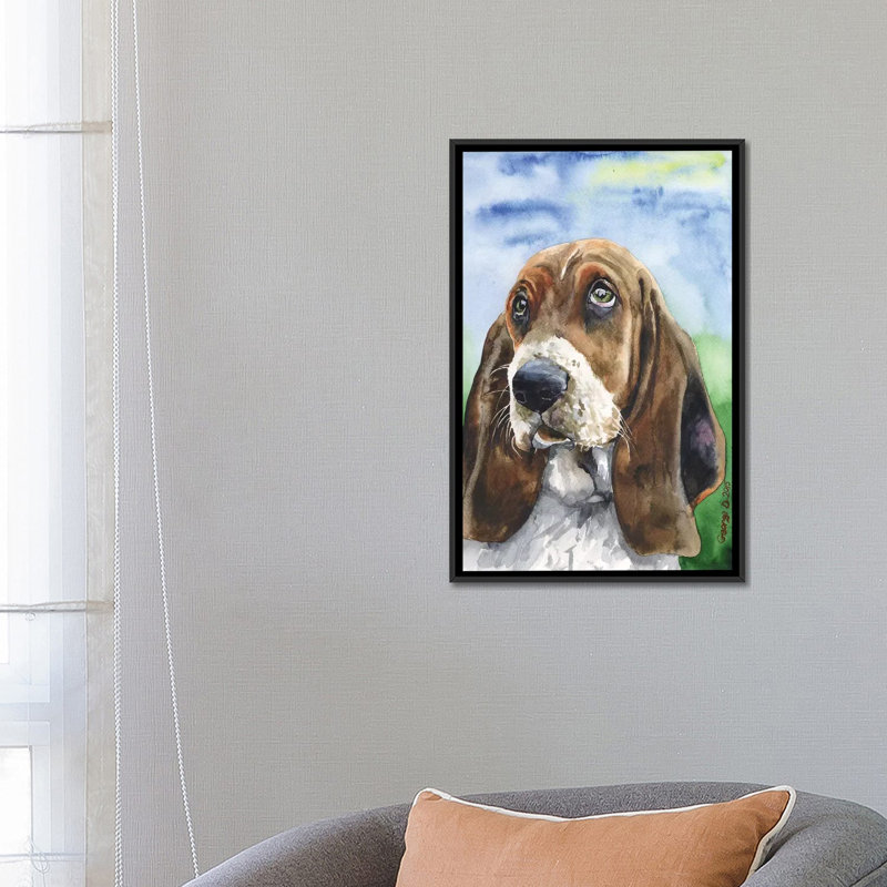 « basset iii », reproduction sur toile, H 26 po x l 18 po x P 1,5 po, Toile avec cadre noir, Pas de tapis