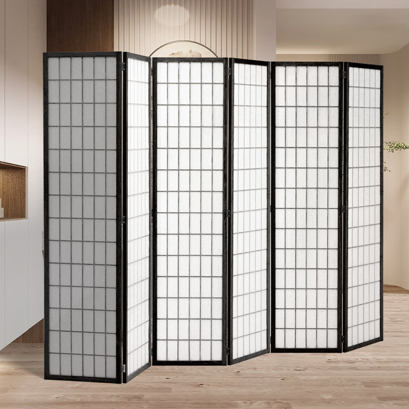 Wallaston 270cm W x 180cm H 6-Panel Solid Wood Folding Room Divider Screen, Black