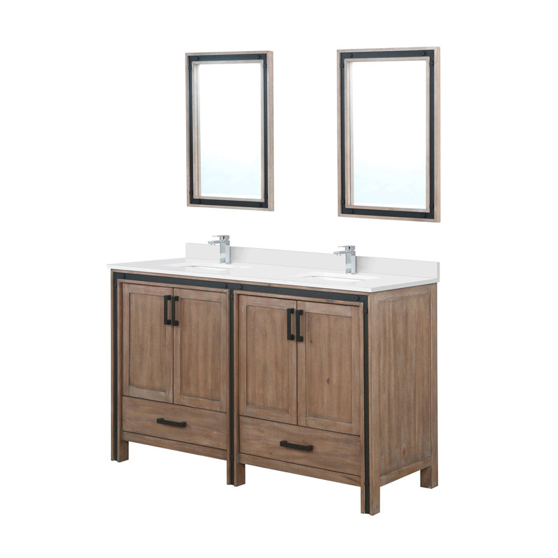Meuble-lavabo double l 60 po x P 22 po, plateau en marbre de culture, ensemble de robinet et miroirs 22 po, Bois de grange