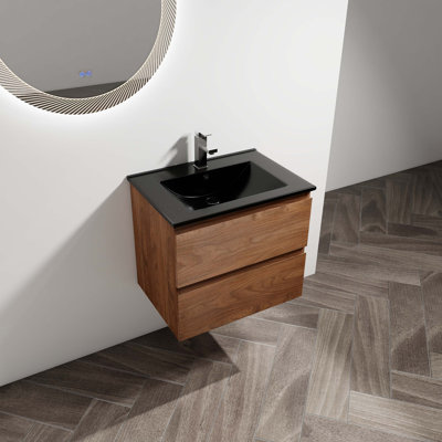 Meuble-lavabo mural avec lavabo en céramique noire, 2 tiroirs à fermeture en douceur