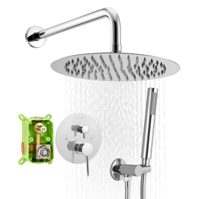 Ensemble de robinet de douche, système de douche de salle de bain à pluie avec pomme de douche à pluie ronde de 10 pouces et douchette, robinetterie de salle de bain murale avec valve en laiton et ensemble de garniture, chrome argenté