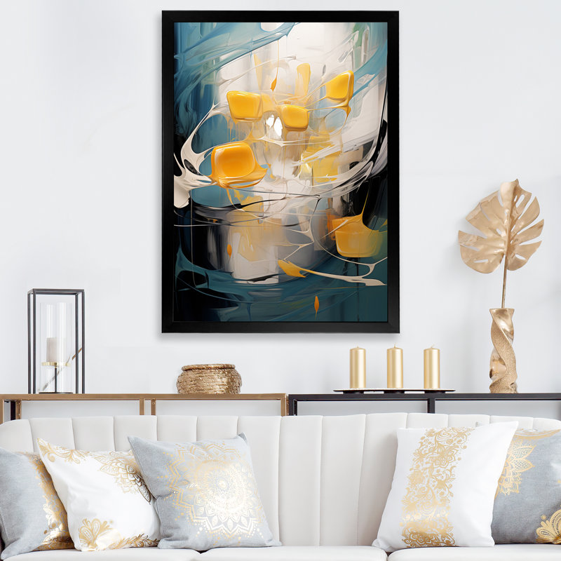 Sudden Happiness abstrait bleu sarcelle et jaune - peinture abstraite, impressions d'art mural, H 32 po x l 16 po x P 1 po