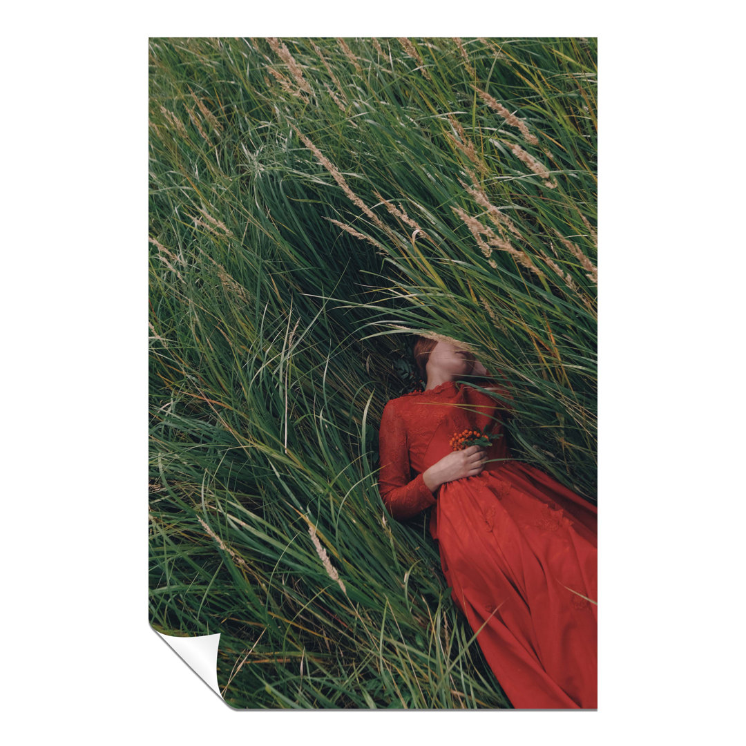 Woman in Red Dress Laying on Grass - Unframed Art Prints