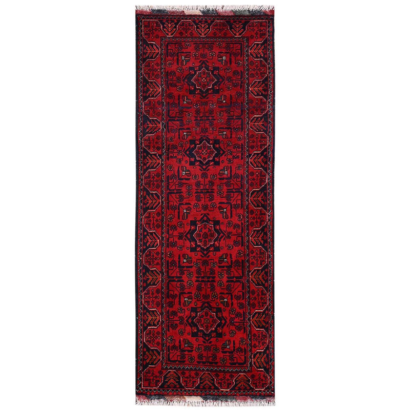 Tapis oriental court rouge et rouge étroit 1 pi 10 po x 5 pi 1 po, motif andkhoy afghan avec motif géométrique, laine douce et veloutée, noué à la main