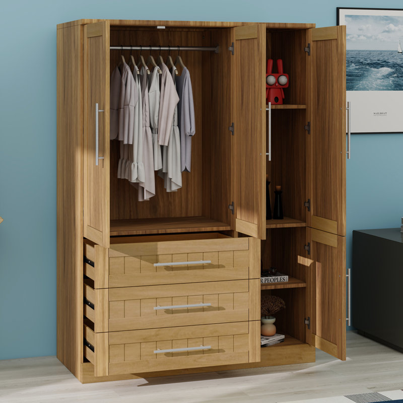 Garde-robe à 4 portes avec tiroirs, Naturel