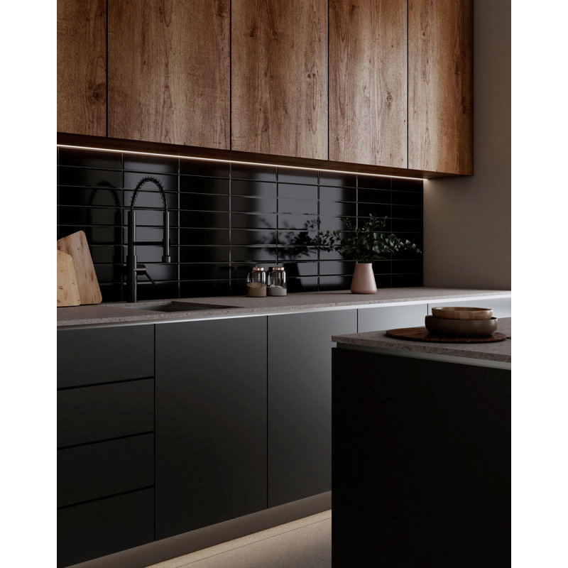 Facet 3in.x12in. Ceramic Subway Wall Tile, Black Gloss
