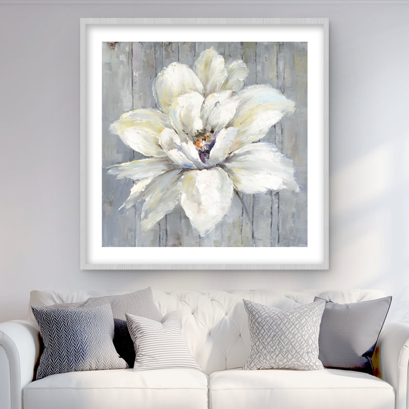 Fleur blanche sur bois - reproduction botanique encadrée pour la décoration intérieure, H 36 po x l 36 po, Argent argent