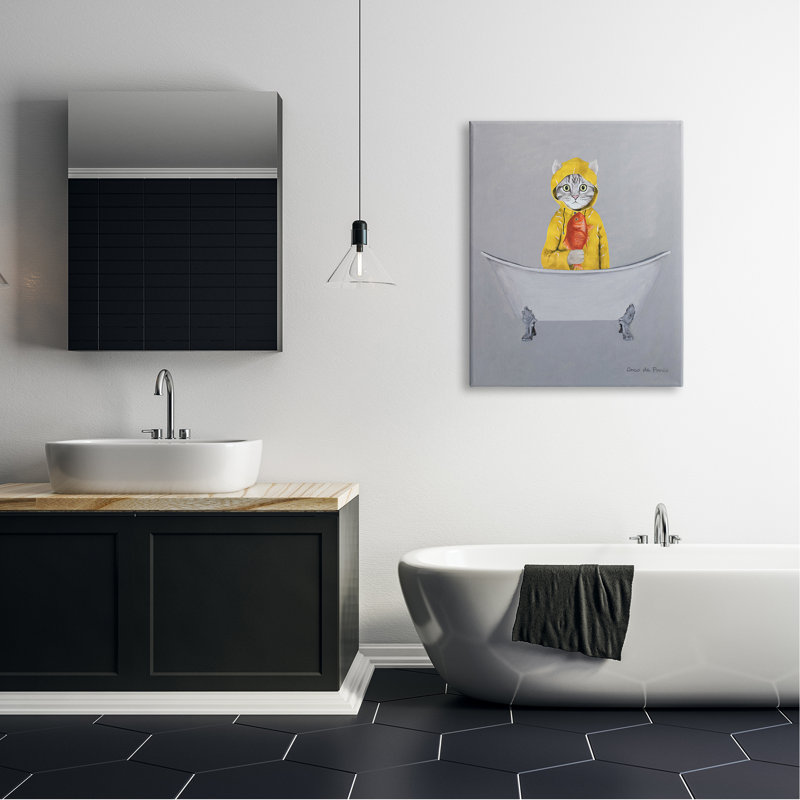 Cat Fish Yellow Raincoat Claw Foot Bathtub by Coco De Paris - Painting, Wrapped Canvas, 30" W x 40" H