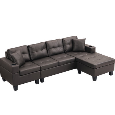 Sectional With Cup Holder And Chaise For 4, Brown Living Room Furniture , 4 Seat, Holder, Chocolate Hue