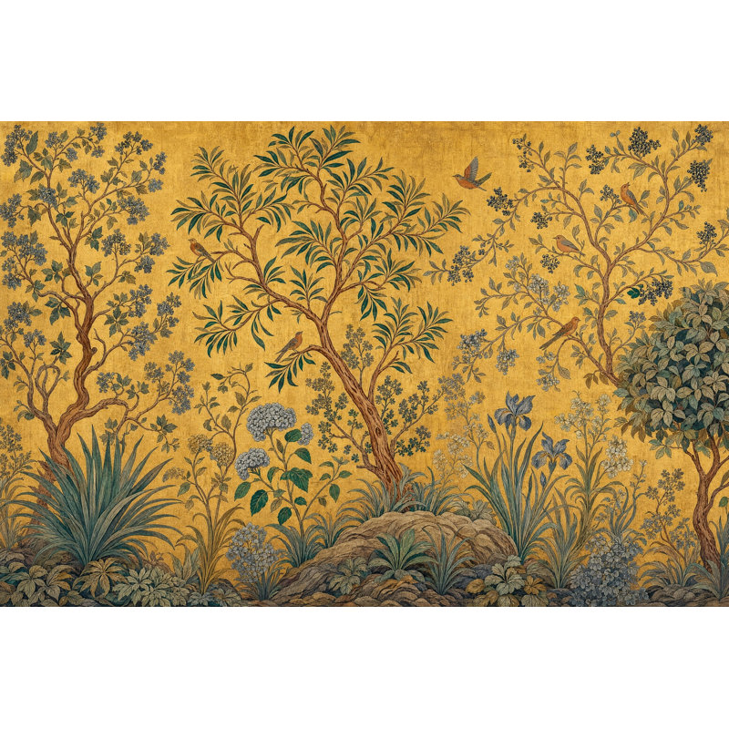 Papier peint Botanical Tree Golden Chinoiserie Birds, 160 po x 108 po, Texturé non collé