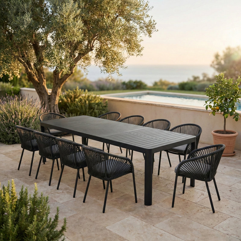 11 - Pieces Aluminum Metal Patio Stackable Rattan Dining Chair Set With Extendable Rectangular Table