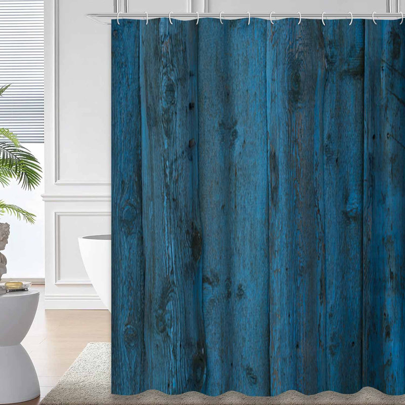 Rideau de douche bleu à rayures en bois bleu avec 12 crochets, L 72 po x l 78 po