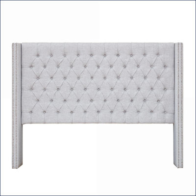 Queen Size Grey Upholstered Headboard with Tufted Wingback Adjustable Height Plywood Frame Metal Legs