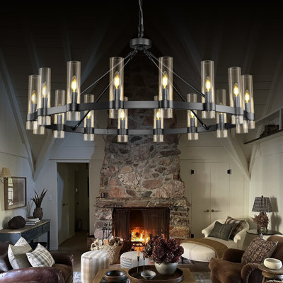 16 - Light 48" W Dimmable Wagon Wheel Chandelier With Cylindrical Glass Shade