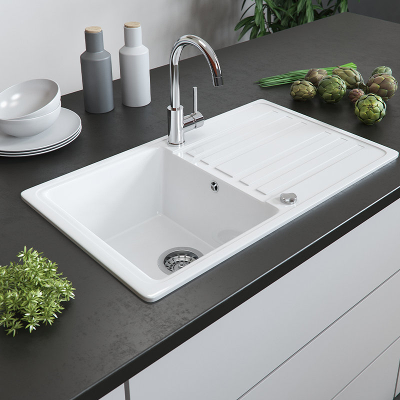 Belfry Kitchen Albus 760mm W Single Bowl Ceramic Kitchen Sink with 2 Faucet Holes