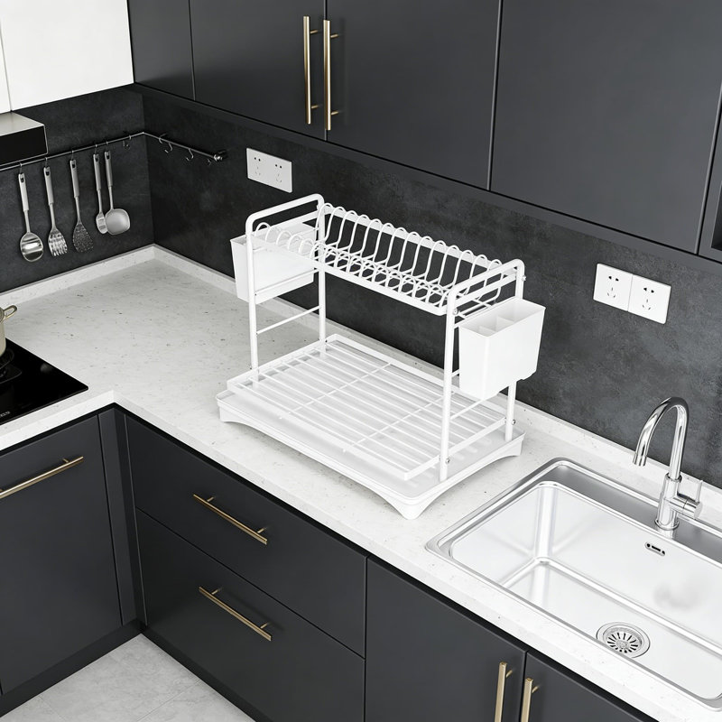Séchoir à vaisselle à 2 niveaux pour comptoir de cuisine, égouttoir à vaisselle de grande capacité avec porte-couverts, organisateur d'évier avec drainage automatique, support de rangement résistant à la rouille