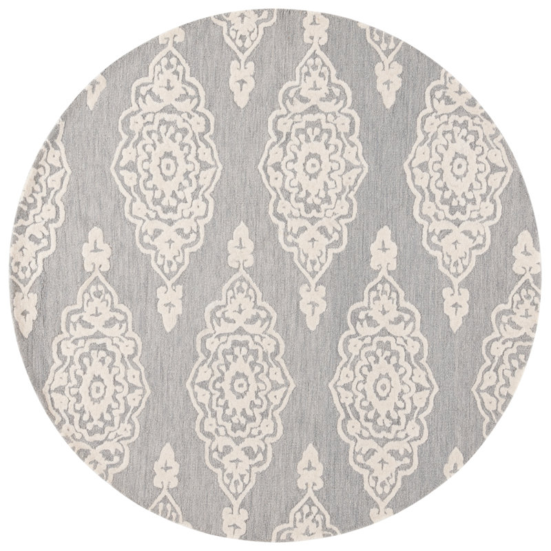 Tapis gris / ivoire en laine et en coton touffeté à la main Demarlis, Rond 6 pi