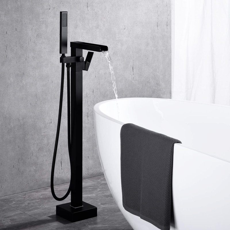 Floor Mounted Bathroom Tub Filler In Matte Black With Telescopic Hand Shower - Rustproof Faucet Waterfall Spout And Rotatable For Rust