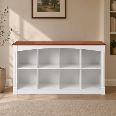 8-Cube Storage Organizer, Two-Tone Wood 2-Tier Cube Bookcase with Decorative Moldings, Horizontal Open Cubby Display Shelf Unit, Low Bookshelf Console Table for Living Room, Bedroom, Office