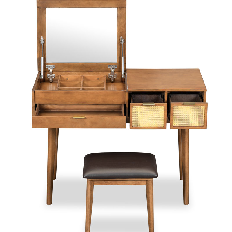Brown Wood Dressing Table Vanity With Flip-Top Mirror, Stool And Three Drawers For Polished Makeup Place Solid Mirror & Stool, Sophisticated Area