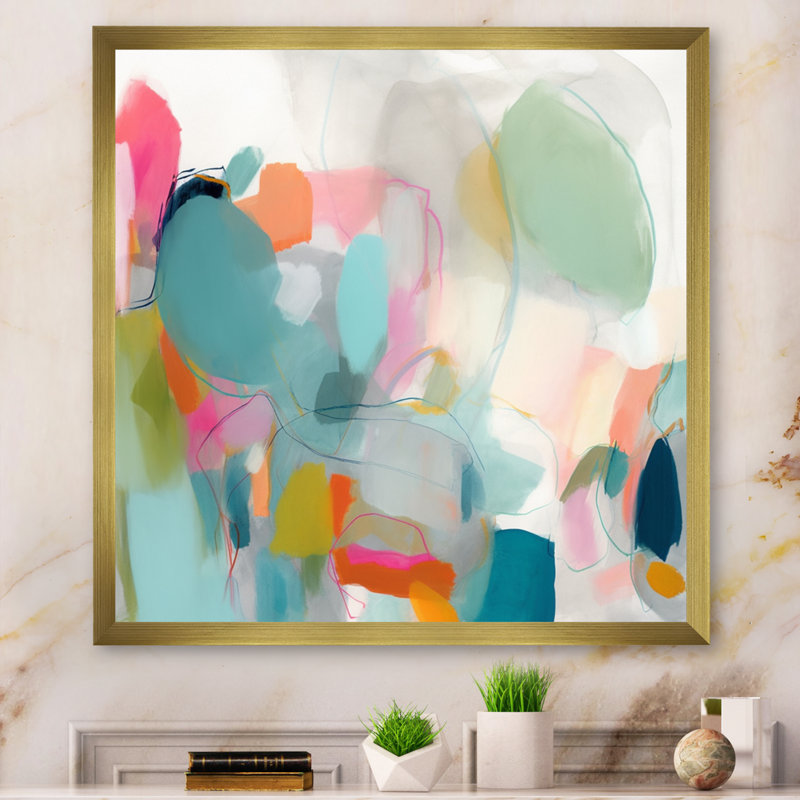 «Pink Blue Minimalims Fludity IV - Abstract Minimalisme, art mural sur toile, H 24 po x l 24 po, Impression encadrée, Doré