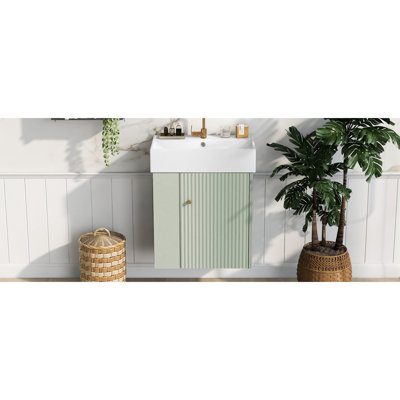 Meuble-lavabo moderne - armoire flottante de 21,6 po avec cuve en céramique, fente de rangement latérale pour les objets personnels, trou de trop-plein, armoire à élément décoratif de bassin de 21,6 po, lotion pour le corps de poche, contemporain